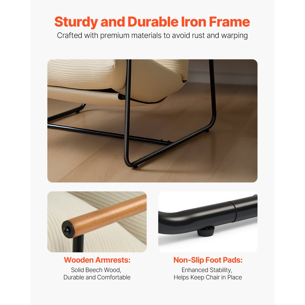 VEVOR Poltrona da Soggiorno Lounge, Sedia Imbottita con Schiuma, Struttura in Metallo e Cuscino Rimovibile, Sedia Rilassante per Soggiorno, Camera da Letto, Sala Lettura, Ufficio, Beige
