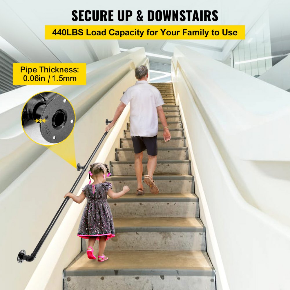 Interno Corrimano Ringhiera per scale 1-4FT Corrimano per scale Corrimano  per scale in tubo nero antiscivolo industriale, maniglia di sicurezza