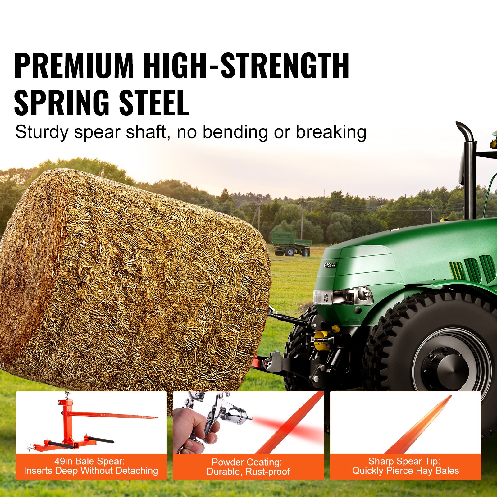 VEVOR Front Loader Tines 725kg Weight Capacity Bale Tines Bale Spike Bale Transport Fork with one spike & two stabilizing spikes Heavy Duty Tines Compatible with Compact Loaders & Tractors