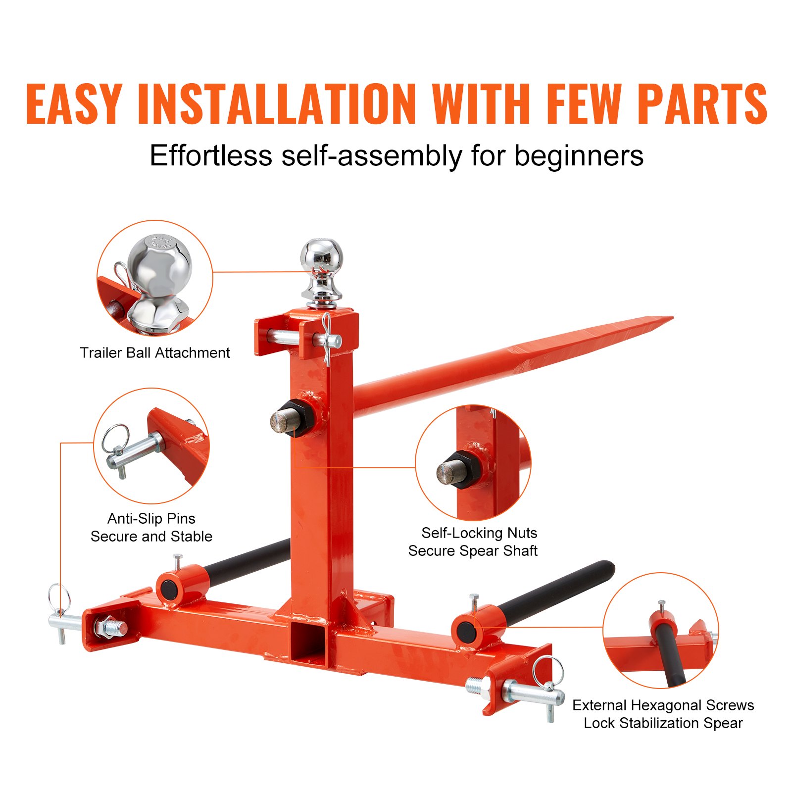 VEVOR Front Loader Tines 725kg Weight Capacity Bale Tines Bale Spike Bale Transport Fork with one spike & two stabilizing spikes Heavy Duty Tines Compatible with Compact Loaders & Tractors