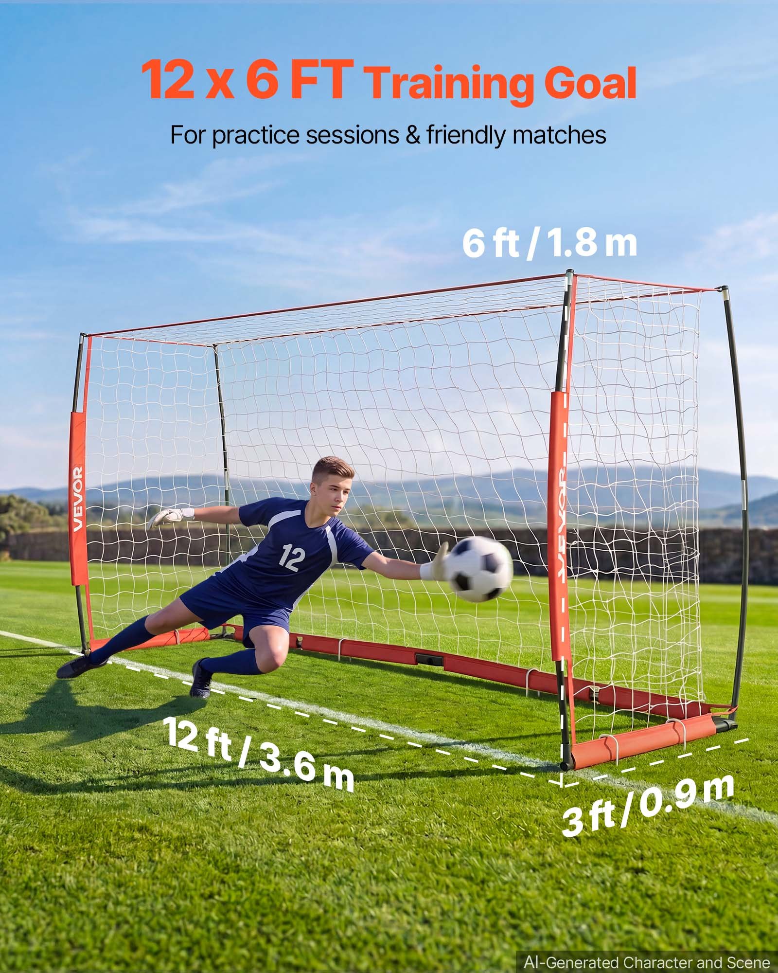 VEVOR Porta da Calcio 3,66x1,83m Base Metallo Pali in Fibra di Vetro Rosso Attrezzatura per Allenamento da Campo, Stadio, Giardino, Cortile, all'Aperto, Portatile, con Borsa per Trasporto, Picchetti