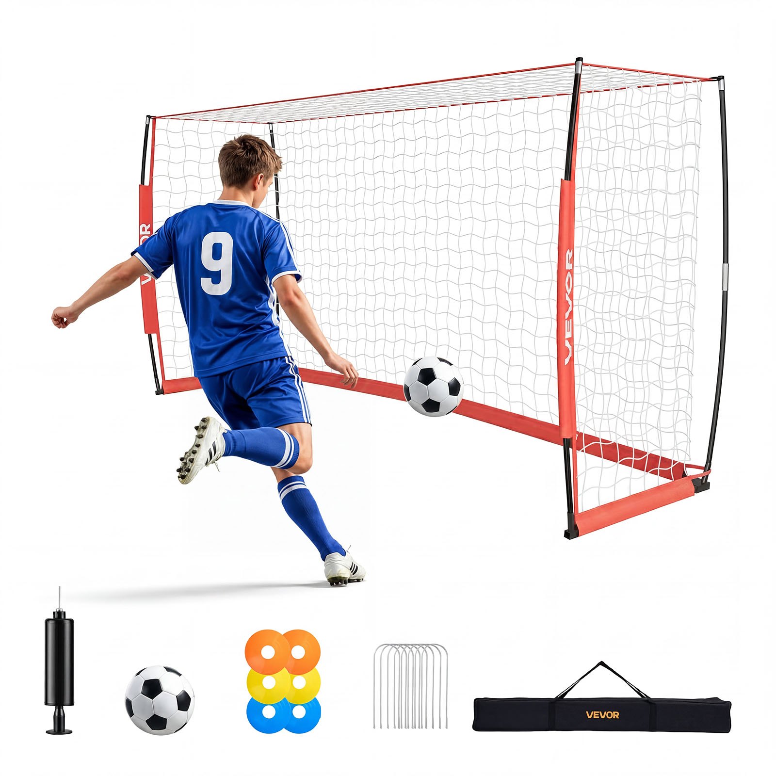 VEVOR Porta da Calcio 3,66x1,83m Base Metallo Pali in Fibra di Vetro Rosso Attrezzatura per Allenamento da Campo, Stadio, Giardino, Cortile, all'Aperto, Portatile, con Borsa per Trasporto, Picchetti