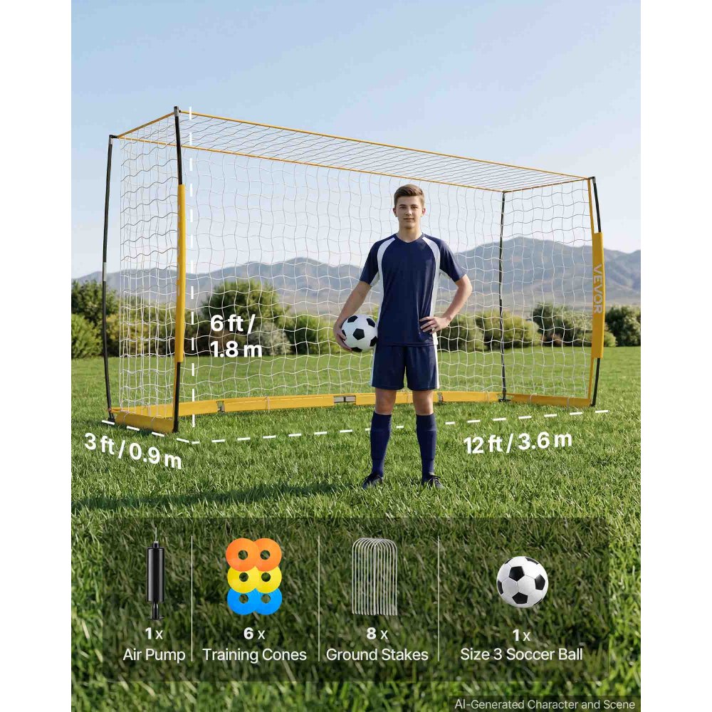 VEVOR Porta da Calcio 3,6 x 1,8 m Base in Metallo Pali in Fibra di Vetro Attrezzatura per Allenamento da Campo, Stadio, Giardino, Cortile, all'Aperto, Portatile, con Borsa per Trasporto, Picchetti