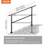 Ringhiera per scale esterne VEVOR con dimensioni e specifiche del prodotto sui gradini in pietra.