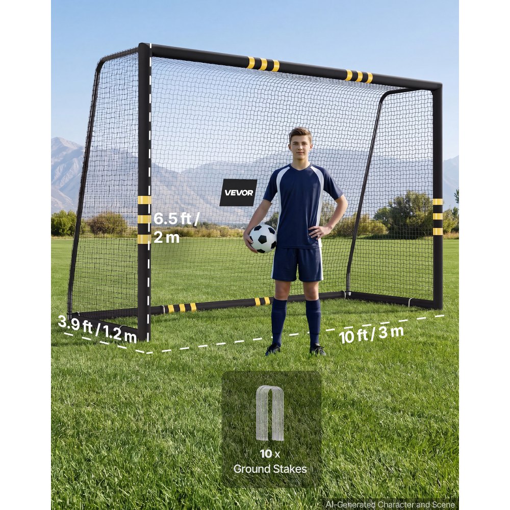 VEVOR Porta da Calcio 3 x 2 m Gabbia in Ferro con Rete in PE Nera Cancello da Calcio, Schiuma Protettiva Ammortizzante, Stadio, Giardino, Cortile, Campo, Attrezzatura per Esercizio di Tiro