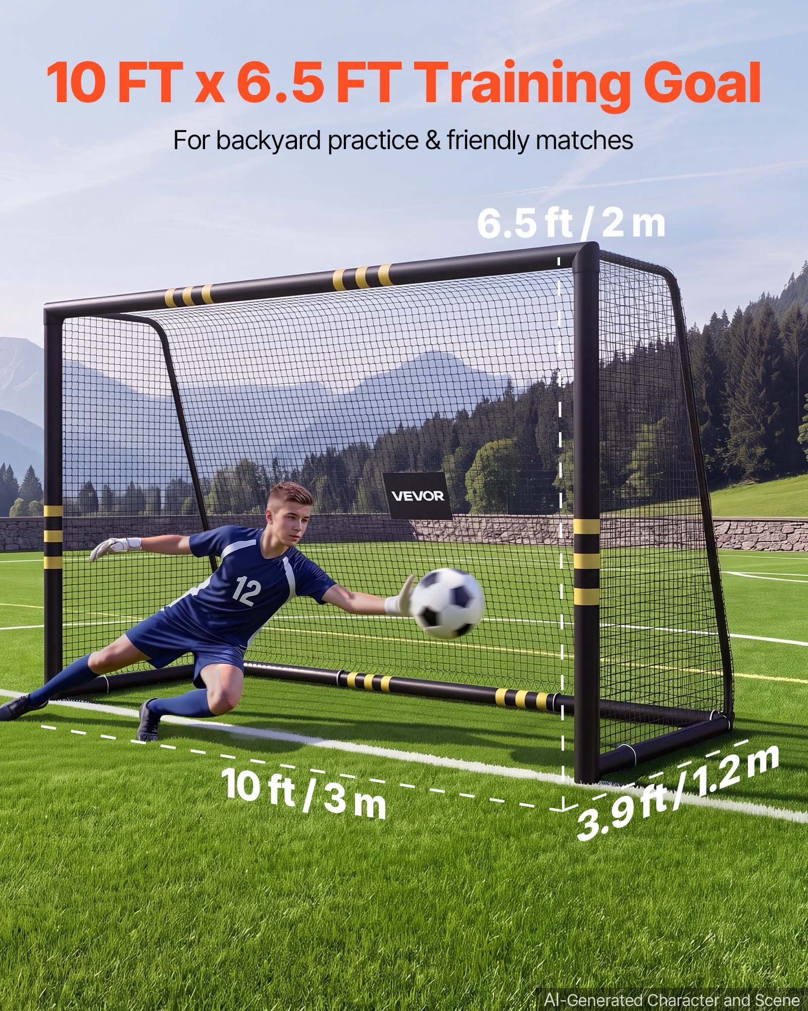 VEVOR Porta da Calcio 3 x 2 m Gabbia in Ferro con Rete in PE Nera Cancello da Calcio, Schiuma Protettiva Ammortizzante, Stadio, Giardino, Cortile, Campo, Attrezzatura per Esercizio di Tiro