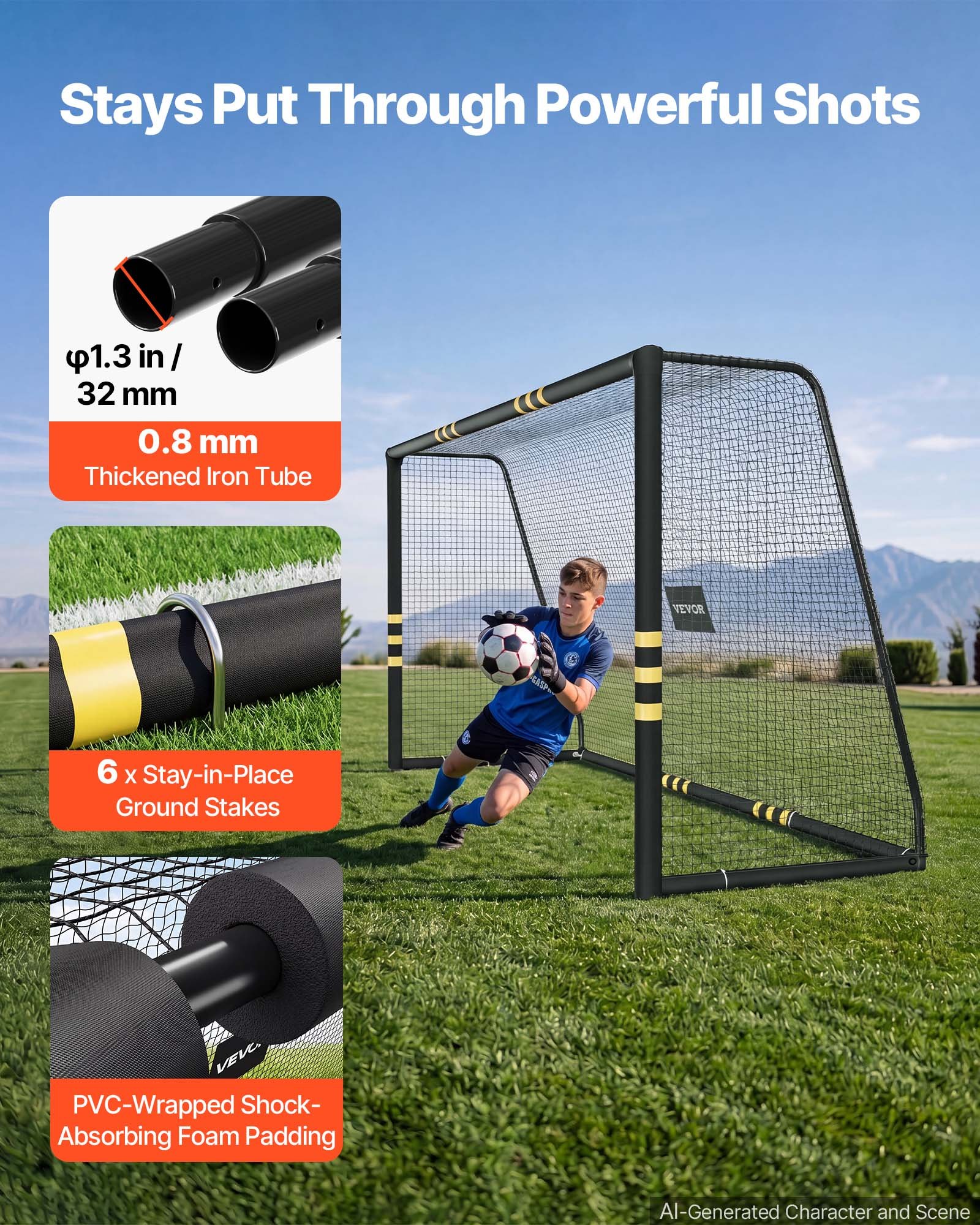 VEVOR Porta da Calcio 3 x 2 m Gabbia in Ferro con Rete in PE Nera Cancello da Calcio, Schiuma Protettiva Ammortizzante, Stadio, Giardino, Cortile, Campo, Attrezzatura per Esercizio di Tiro