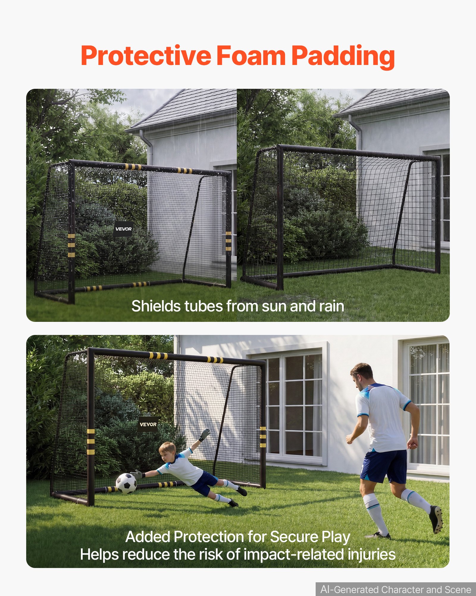 VEVOR Porta da Calcio 3 x 2 m Gabbia in Ferro con Rete in PE Nera Cancello da Calcio, Schiuma Protettiva Ammortizzante, Stadio, Giardino, Cortile, Campo, Attrezzatura per Esercizio di Tiro