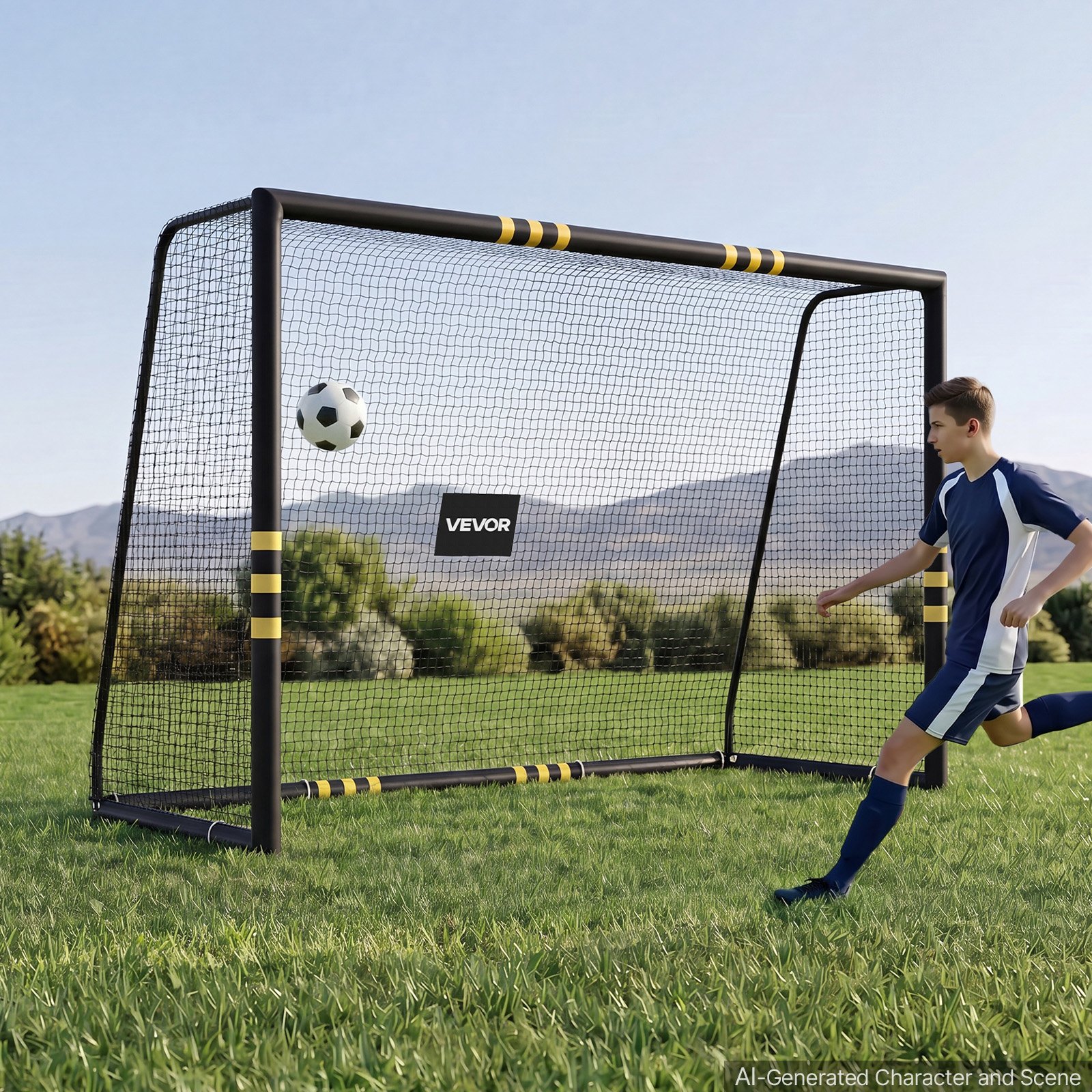 VEVOR Porta da Calcio 3 x 2 m Gabbia in Ferro con Rete in PE Nera Cancello da Calcio, Schiuma Protettiva Ammortizzante, Stadio, Giardino, Cortile, Campo, Attrezzatura per Esercizio di Tiro