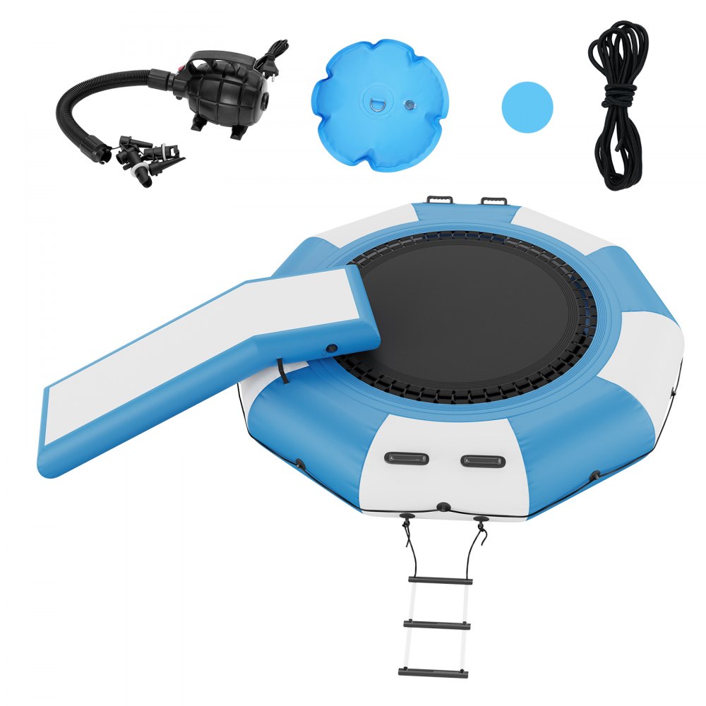 VEVOR Trampolino Acquatico Gonfiabile 310x60 cm, Trampolino Acquatico con Scivolo, Scaletta a 3 Gradini e Pompa ad Aria, Piattaforma da Bagno Portatile, Rete Elastica Galleggiante per Bambini
