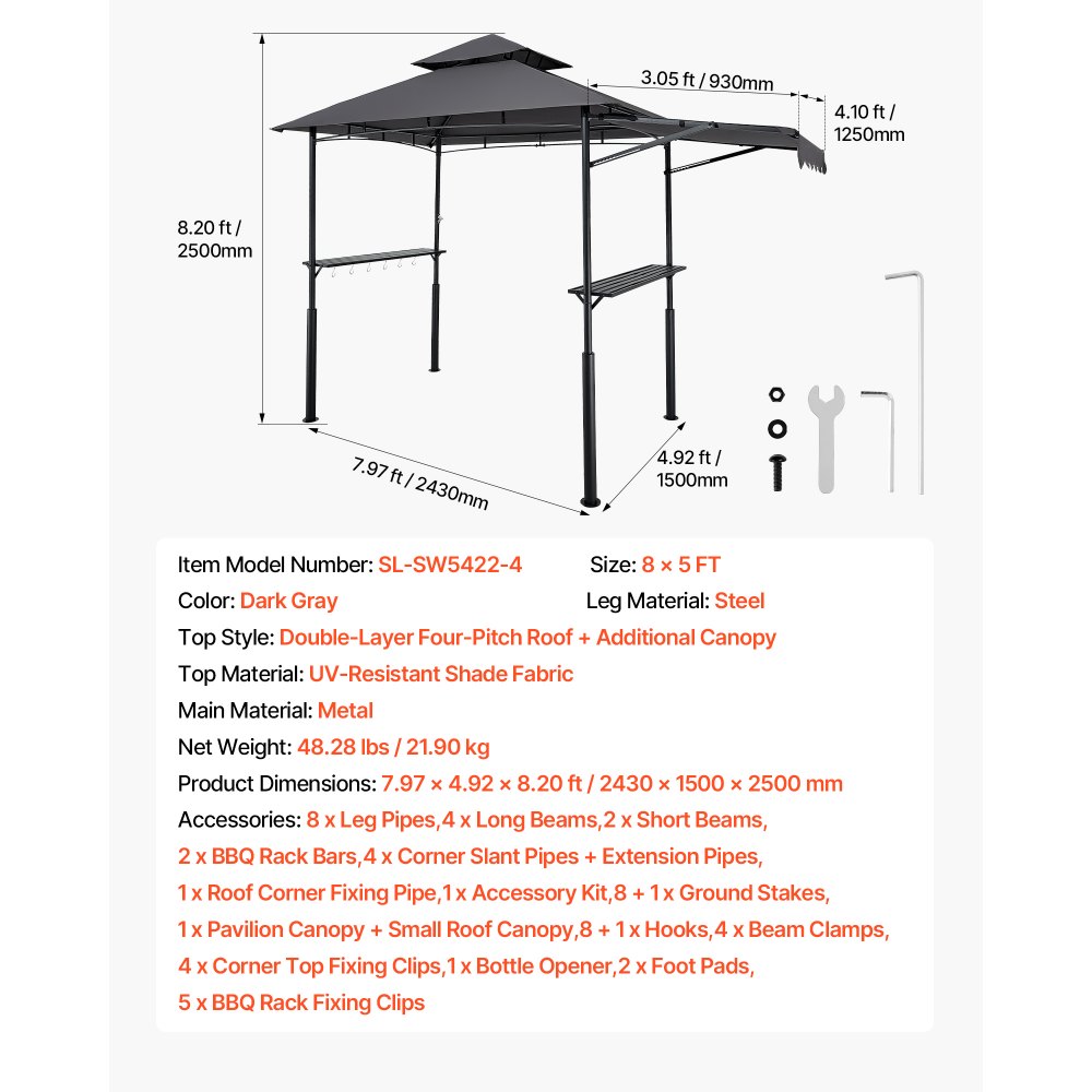 VEVOR Gazebo per Barbecue 243x150 cm, Tenda Gazebo per Barbecue da Esterno con Tettoia, Tetto a 2 Livelli, Copertura per BBQ da Giardino in Acciaio Verniciato a Polvere, per Grigliate, Feste, Picnic