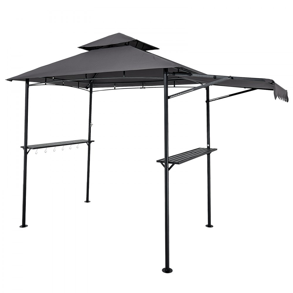 VEVOR Grill Gazebo, 2.43 x 1.5 m Double-Tiered Top, BBQ Gazebo with Extra Awning, Powder-Coated Steel Patio Grill Shelter with 2 Side Shelves, Bottle Opener & Hooks, Outdoor Grilling Canopy for Garden