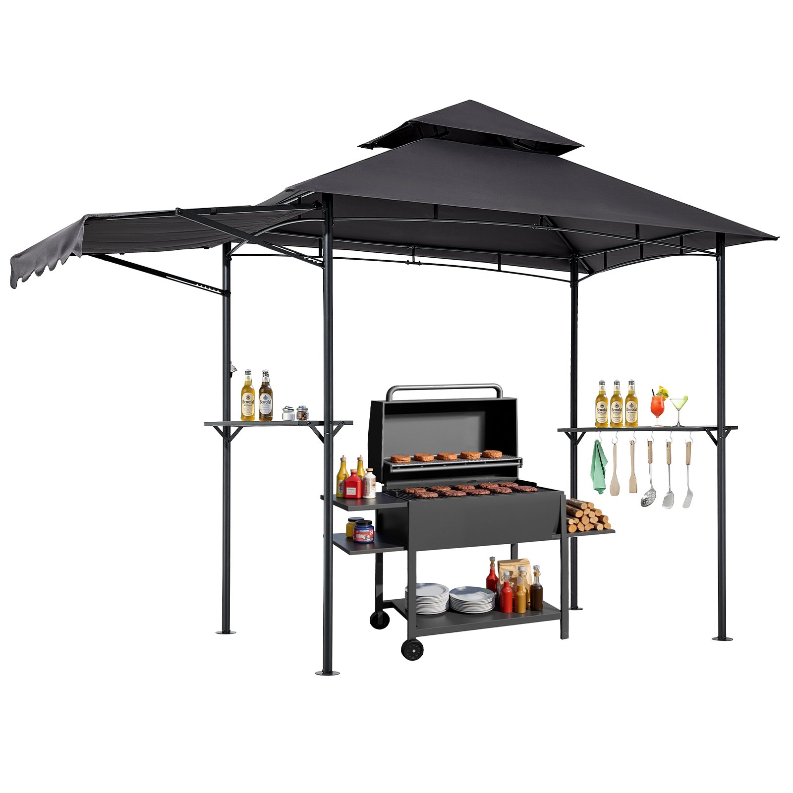 VEVOR Grill Gazebo, 2.43 x 1.5 m Double-Tiered Top, BBQ Gazebo with Extra Awning, Powder-Coated Steel Patio Grill Shelter with 2 Side Shelves, Bottle Opener & Hooks, Outdoor Grilling Canopy for Garden