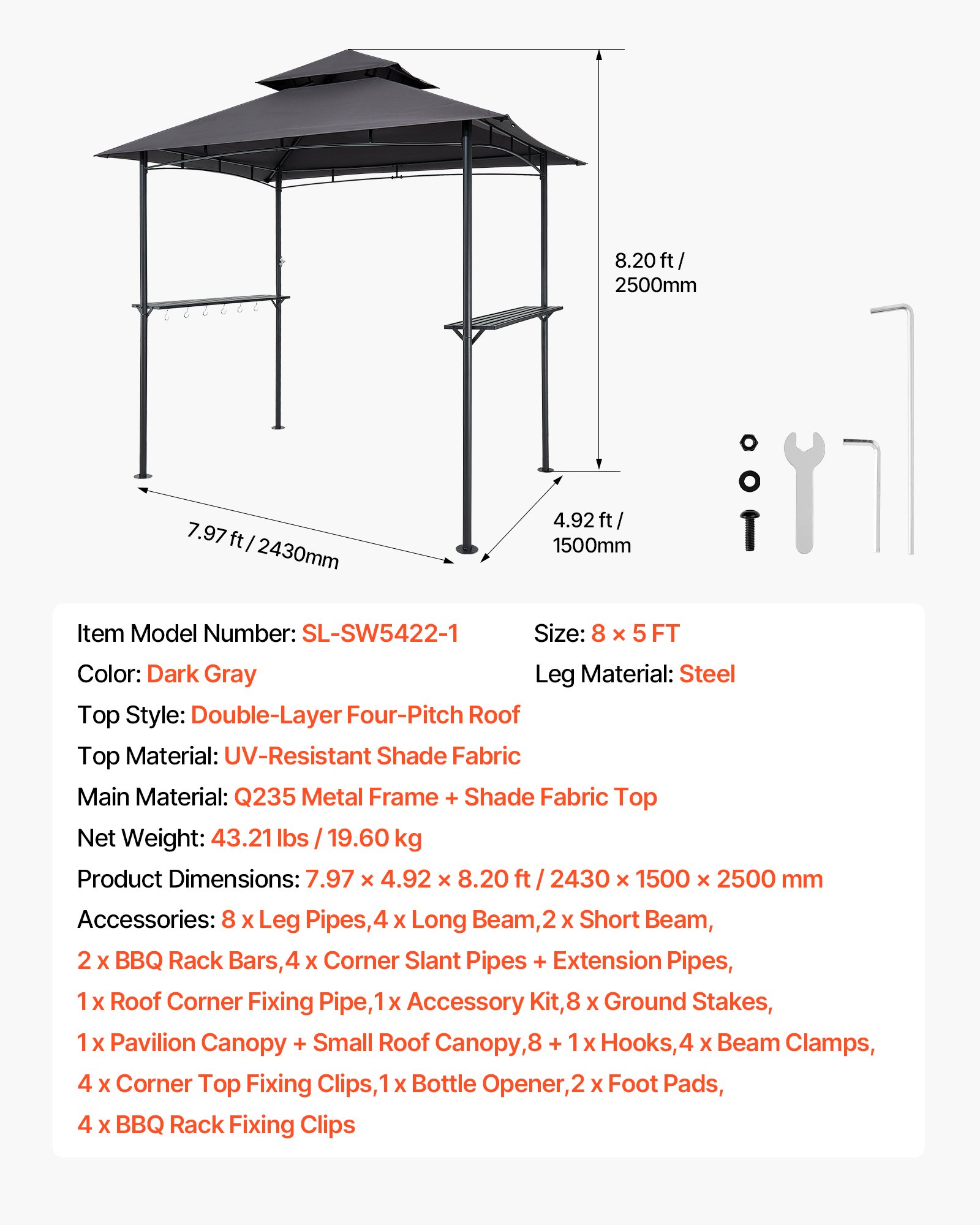 VEVOR Gazebo per Barbecue 243 x 150 cm, Gazebo per Barbecue da Esterno con Tetto a 2 Livelli, Copertura per Barbecue da Giardino in Acciaio Verniciato a Polvere, per Grigliate, Feste, Picnic