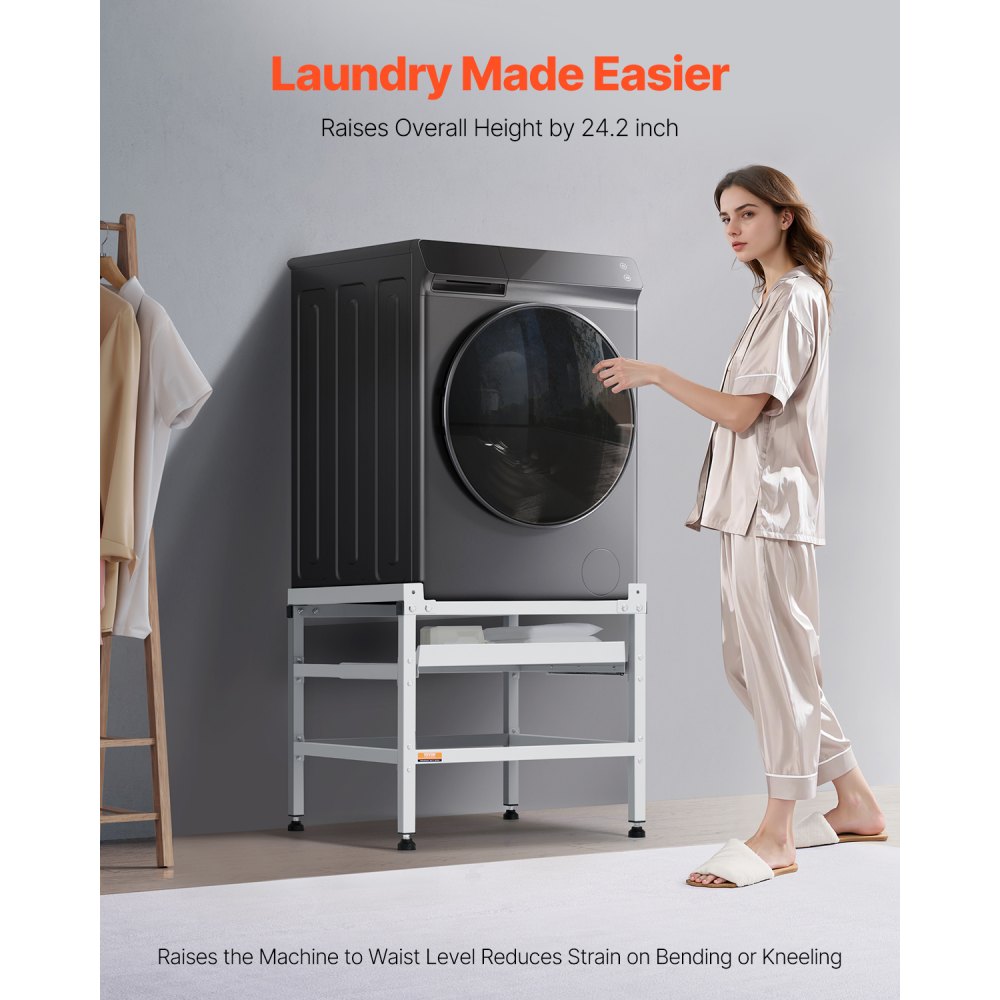 VEVOR Washing Machine Base, 640x635x615mm, Washing Machine Pedestal, 136kg Load Capacity, Washing Machine & Dryer Base with Shelf, 4 Adjustable Feet for Lifting Washing Machines, Carbon Steel