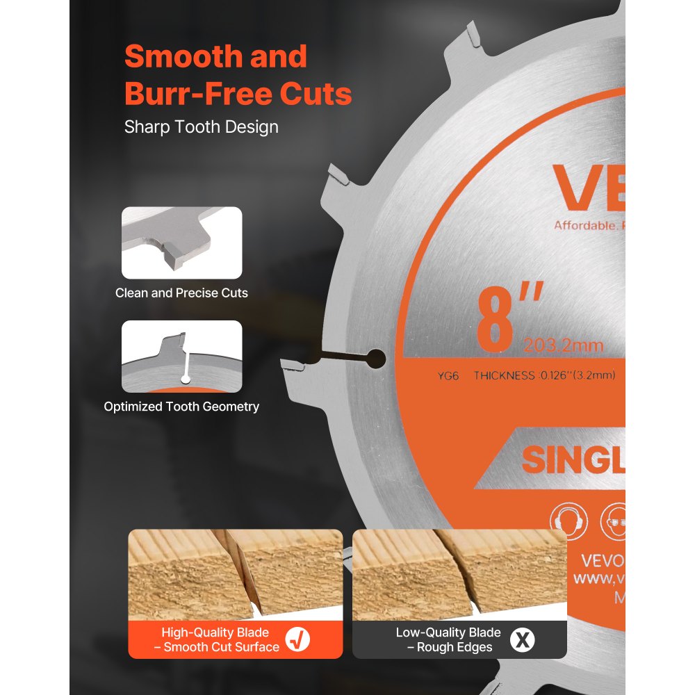 VEVOR Set di Lame per Scanalature Ø 203,2 mm, Lama per Troncatrice Circolare per Scanalature, 12 Denti in Lega Affilati, con Prese d'Aria Riscaldanti Antirumore, per Taglio di Compensato Legno Duro