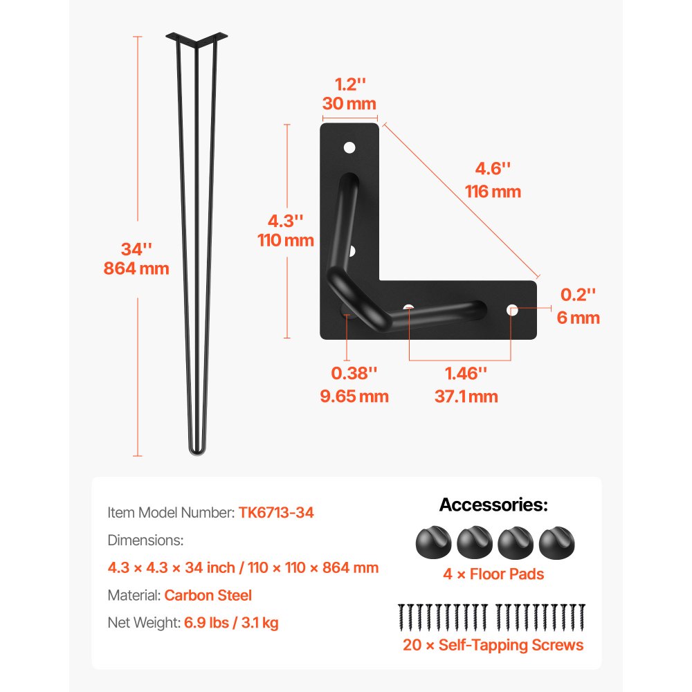 VEVOR Hairpin Table Legs 34 Inch 86.3 cm, Metal Table Legs Black 4 Pieces, Hairpin Table Legs 3 Posts, Carbon Steel Hairpin Legs with 4 Rubber Feet, Adjustable Furniture Legs Replaceable DIY