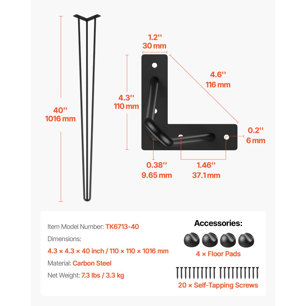 VEVOR 40-inch (101.6 cm) Hairpin Table Legs, Metal, Black, 4 Pieces, 3 Posts, Adjustable and Replaceable DIY Furniture Feet, Carbon Steel Hairpin Legs with 4 Rubber Feet