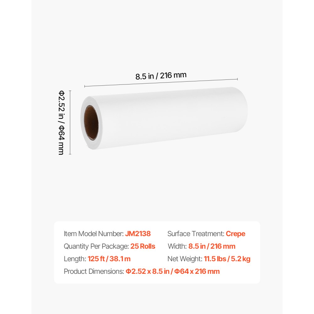 VEVOR Disposable Face Pillow & Massage Table Covers, 25 Packs 216 mm x 38.1 m, with Crepe Paper, Headrest Paper, Ideal for Massage, Examination & Chiropractic Tables, White