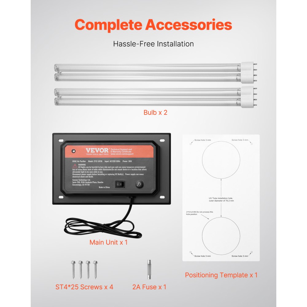 VEVOR Purificatore d'Aria HVAC per Tutta la Casa, Luce UV UVC nel Condotto per Aria Condizionata, Depuratore d'Aria con 1 Lampadina di Ricambio, Luci UV HVAC per Sistemi AC, 36 W 258 x 156 x 402 mm