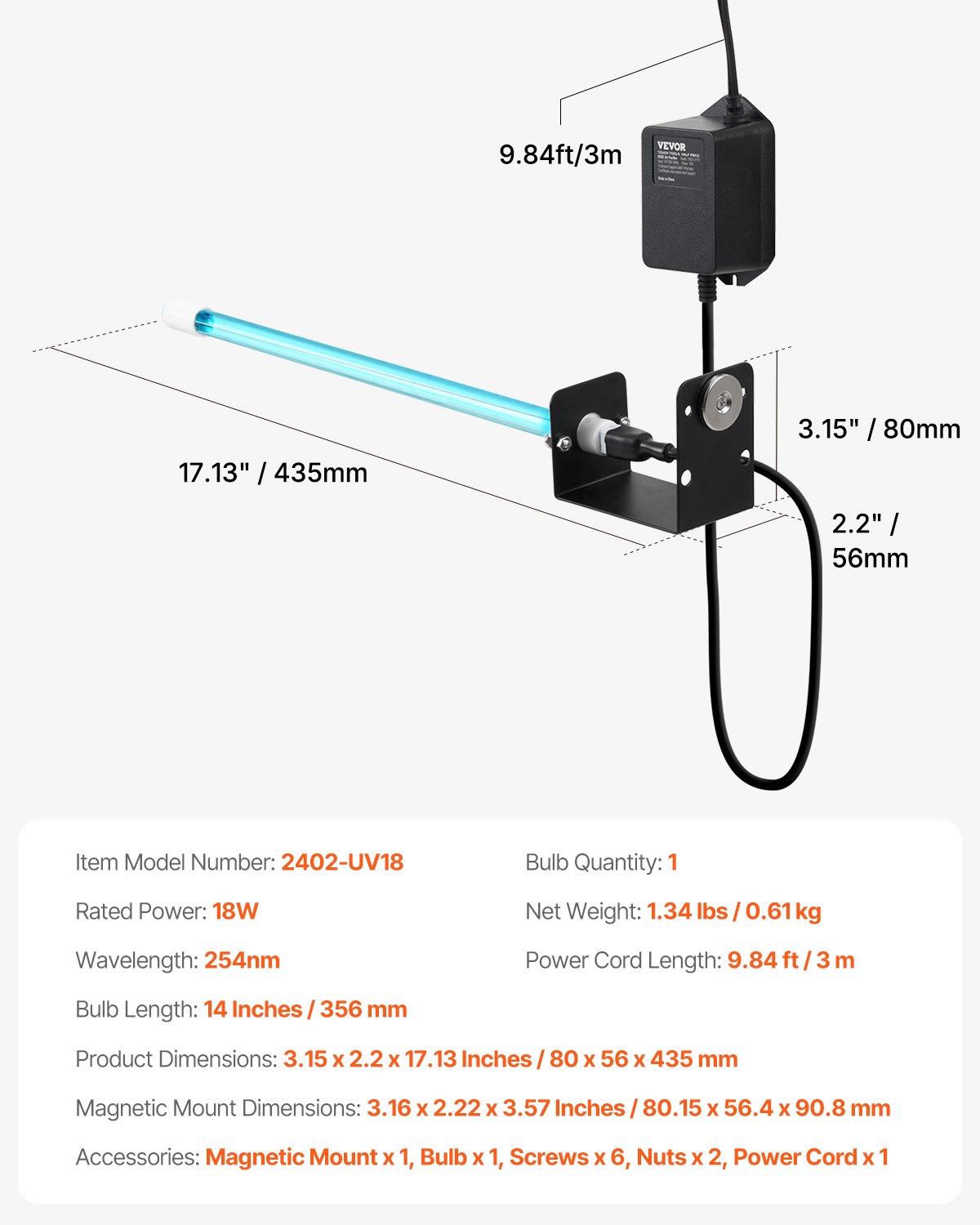 VEVOR Purificatore d'Aria HVAC per Tutta la Casa, Luce UV UVC nel Condotto per Aria Condizionata, Depuratore d'Aria con 1 Lampadina di Ricambio, Luci UV HVAC per Sistemi AC, 18 W 80 x 56 x 435 mm
