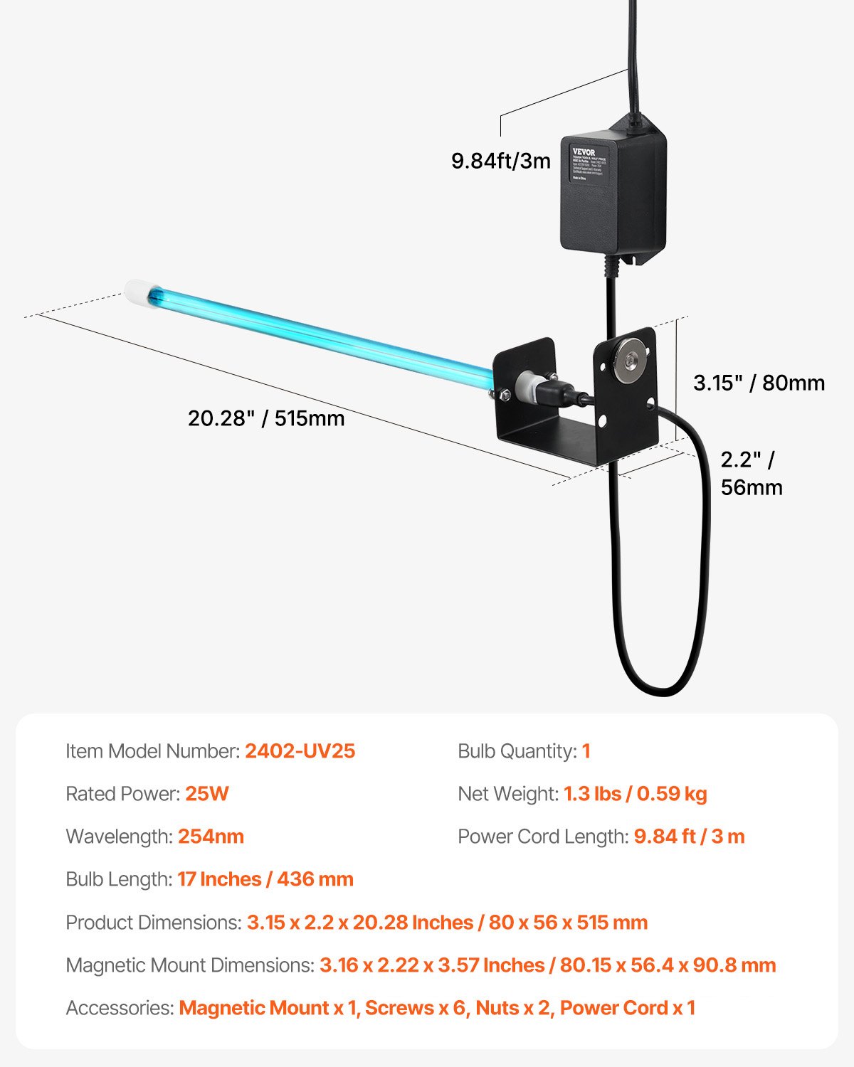 VEVOR Purificatore d'Aria HVAC per Tutta la Casa, Luce UV UVC nel Condotto per Aria Condizionata, Depuratore d'Aria con 1 Lampadina di Ricambio, Luci UV HVAC per Sistemi AC, 25 W 80 x 56 x 515 mm