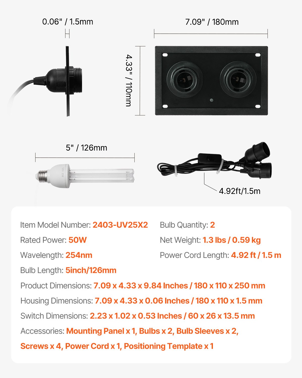 VEVOR Purificatore d'Aria HVAC per Tutta la Casa, Luce UV UVC nel Condotto per Aria Condizionata, Depuratore d'Aria con 2 Lampadine di Ricambio, Luci UV HVAC per Sistemi AC, 50 W 180 x 110 x 250 mm