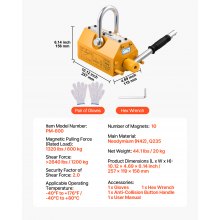 VEVOR Magnete di Sollevamento Permanente, Capacità di Trazione 600 kg, Supporto Magnetico al Neodimio N42, con Maniglia di Rilascio Gancio in Acciaio, Strumento per Movimentazione di Parti in Lamiera