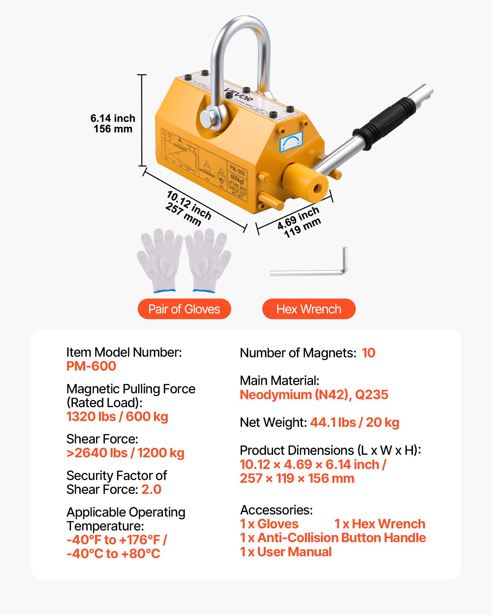 VEVOR Magnete di Sollevamento Permanente, Capacità di Trazione 600 kg, Supporto Magnetico al Neodimio N42, con Maniglia di Rilascio Gancio in Acciaio, Strumento per Movimentazione di Parti in Lamiera