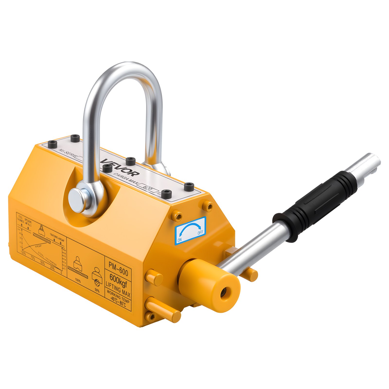 VEVOR Magnete di Sollevamento Permanente, Capacità di Trazione 600 kg, Supporto Magnetico al Neodimio N42, con Maniglia di Rilascio Gancio in Acciaio, Strumento per Movimentazione di Parti in Lamiera