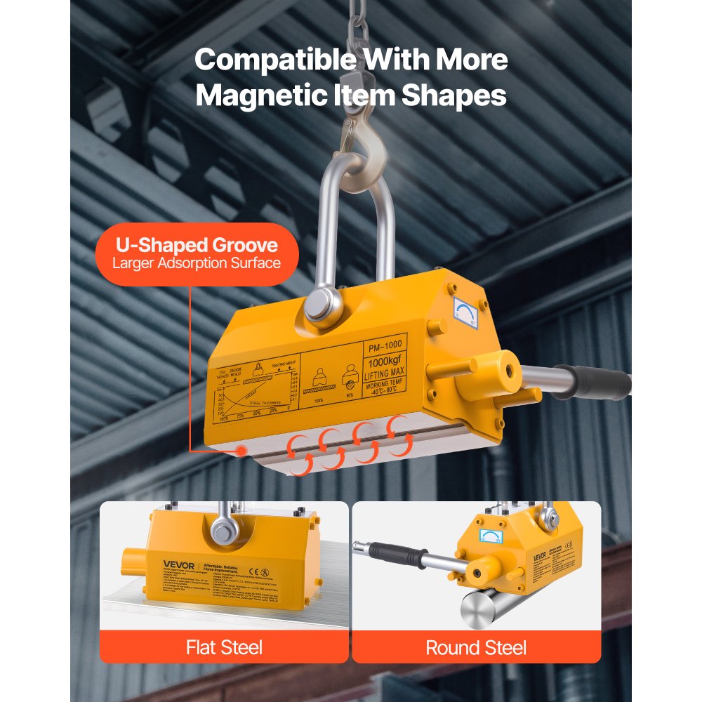 VEVOR Magnete Sollevamento Permanente, Capacità di Trazione 1000 kg, Supporto Magnetico al Neodimio N42, con Maniglia di Rilascio Gancio in Acciaio, Strumento per Movimentazione di Parti in Lamiera