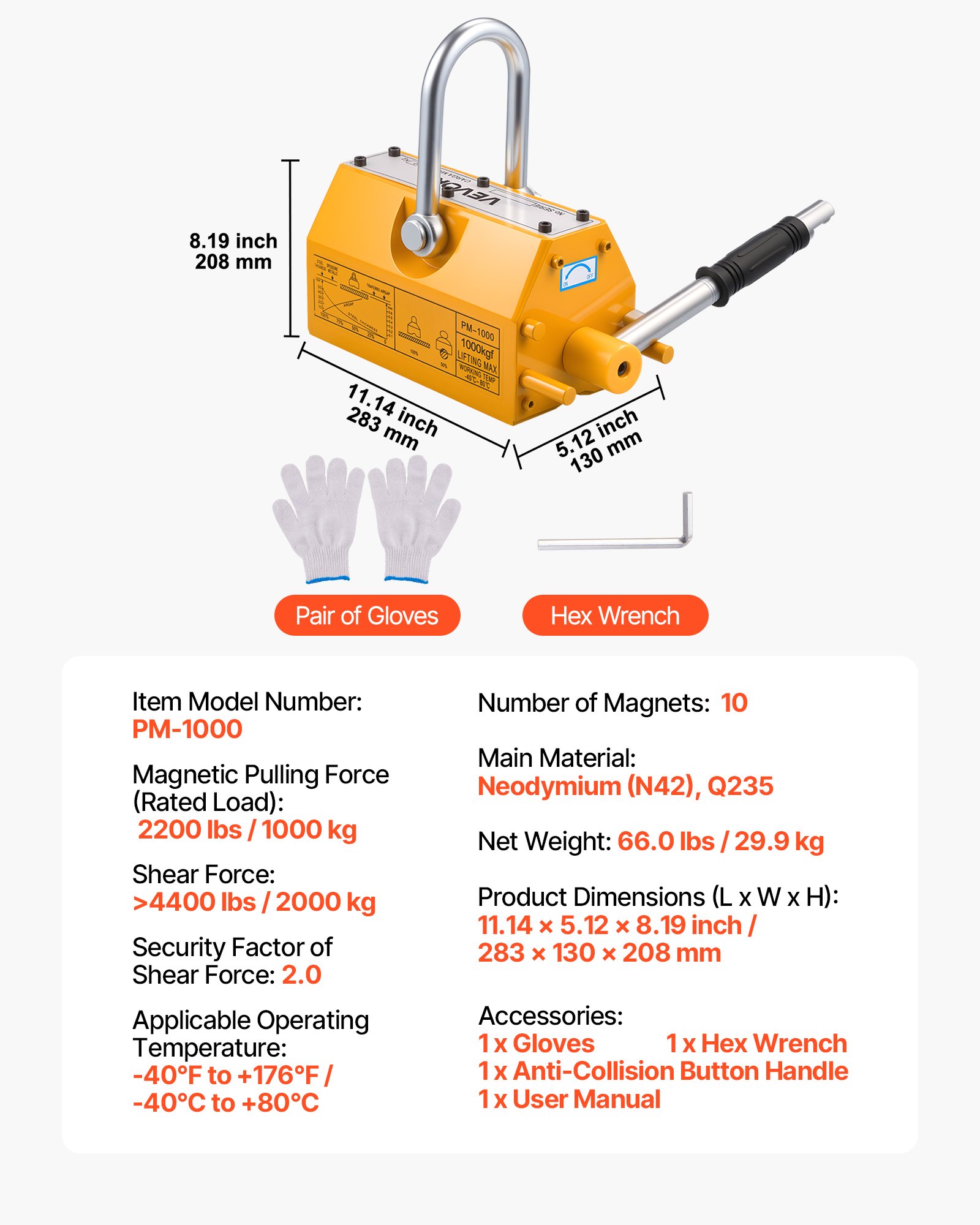 VEVOR Magnete Sollevamento Permanente, Capacità di Trazione 1000 kg, Supporto Magnetico al Neodimio N42, con Maniglia di Rilascio Gancio in Acciaio, Strumento per Movimentazione di Parti in Lamiera