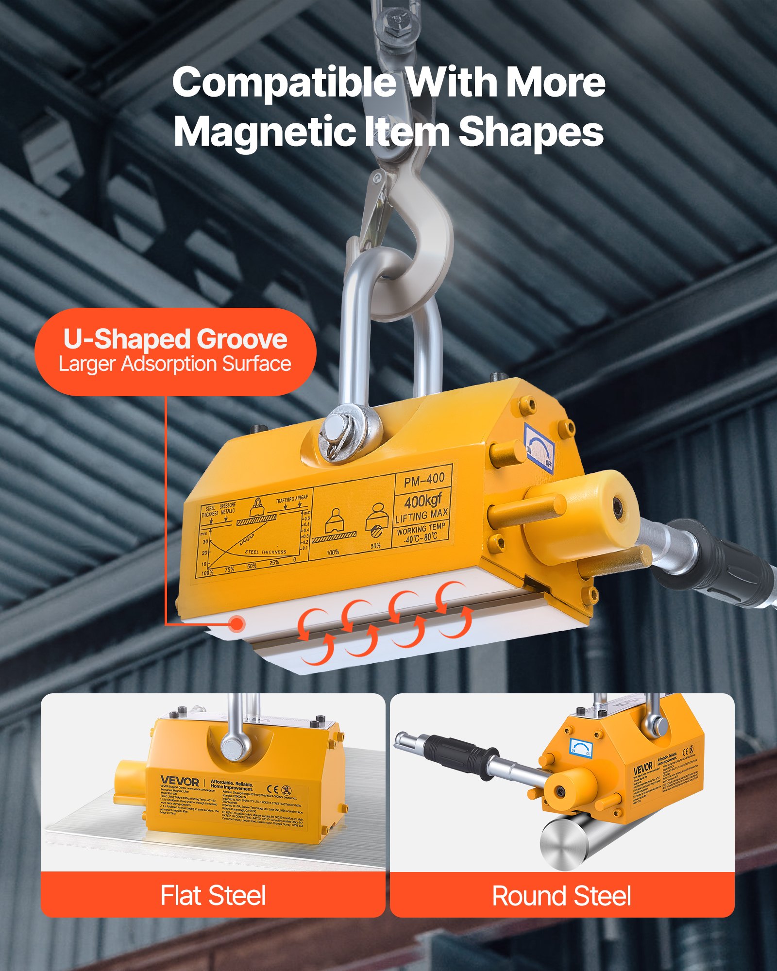 VEVOR Permanent Magnetic Lifter, 400 kg Pulling Capacity, Heavy Duty N42 Neodymium Lifting Magnet with Release Handle and Steel Hook, Used in Shop Crane and Hoist, for Lifting Plate Steel, Board