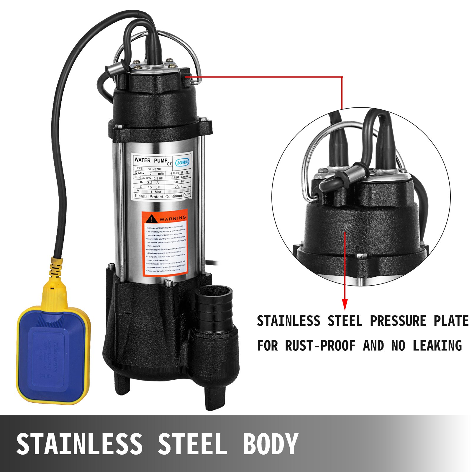 26' Pompa Sommersa Per Acqua Luride Elettropompa 3200 Gph 1/2 Hp 220v In Acciaio