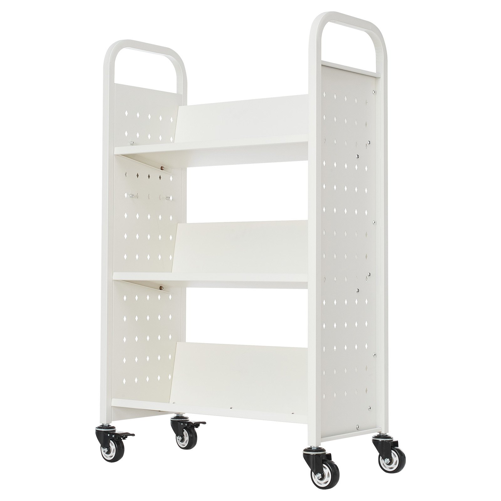 VEVOR Carrello Portalibri con Ruote 770 x 380 x 1220 mm Carrello Rotante Porta Libri, Carico 150 kg Ripiani a V Monofacciali con Ruote Bloccabili 7,6 cm per Scaffali di Casa, Ufficio e Scuola, Bianco