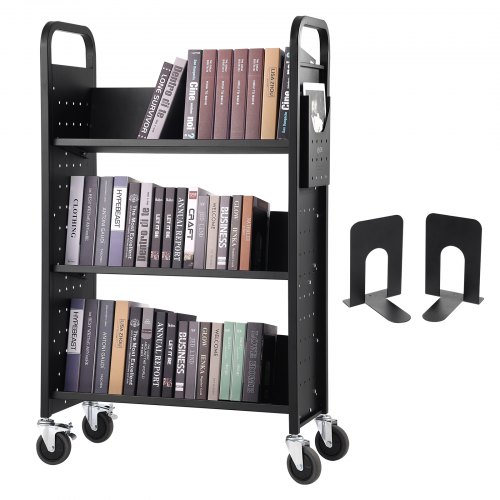 VEVOR Carrello per Libri, Carrello 3 Ripiani da Biblioteca Carico max. 150kg, Carrello da Libreria Biblioteca Ripiani Piatti a Forma di V Ruote Bloccabili 790 x 385 x 1250 mm da Scuole, Nero