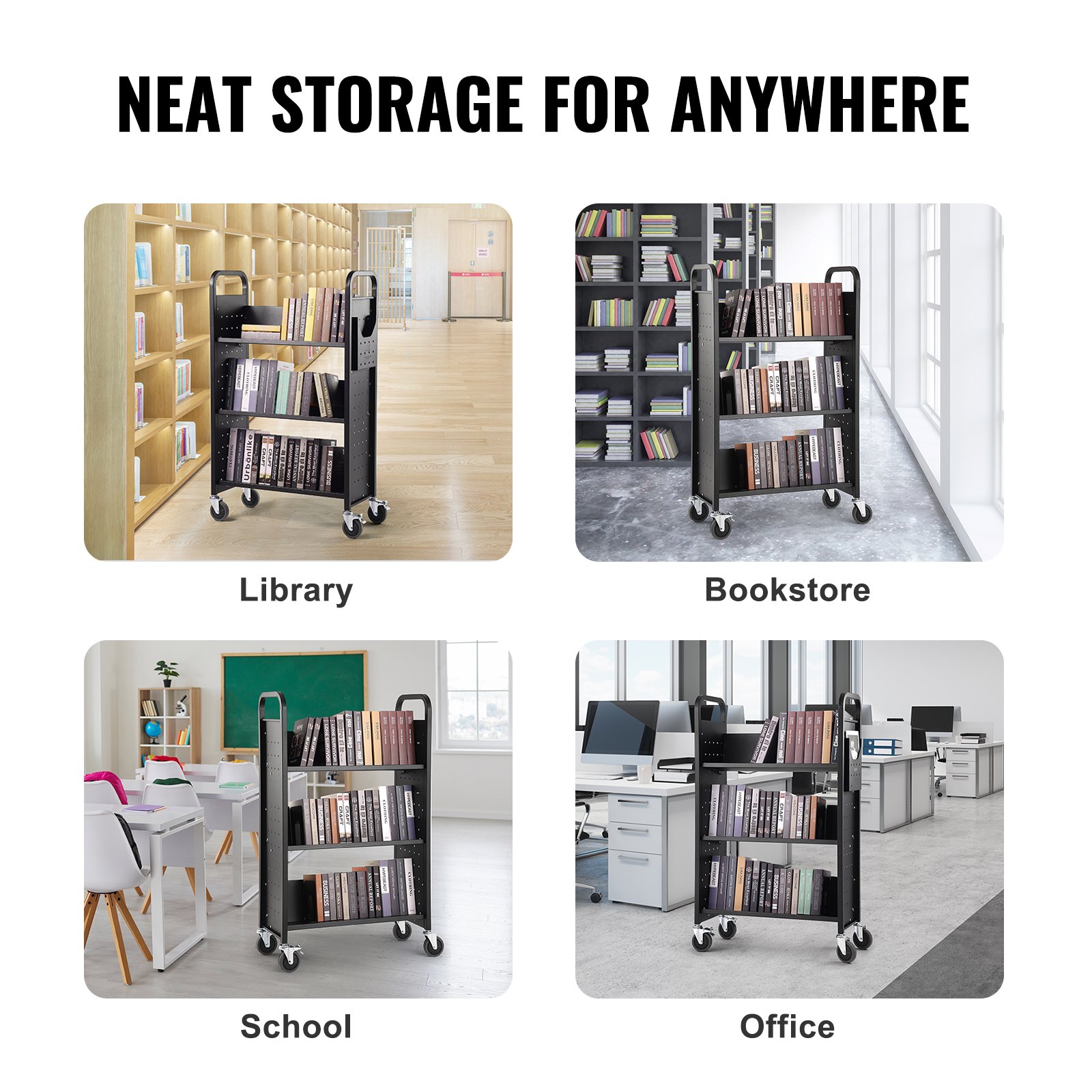 VEVOR Carrello per Libri, Carrello 3 Ripiani da Biblioteca Carico max. 150kg, Carrello da Libreria Biblioteca Ripiani Piatti a Forma di V Ruote Bloccabili 790 x 385 x 1250 mm da Scuole, Nero