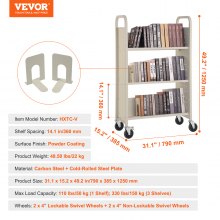 VEVOR Carrello per Libri, Carrello 3 Ripiani da Biblioteca Carico max. 150kg, Carrello da Libreria Biblioteca Ripiani Piatti a Forma di V Ruote Bloccabili 790 x 385 x 1250 mm da Scuole, Beige