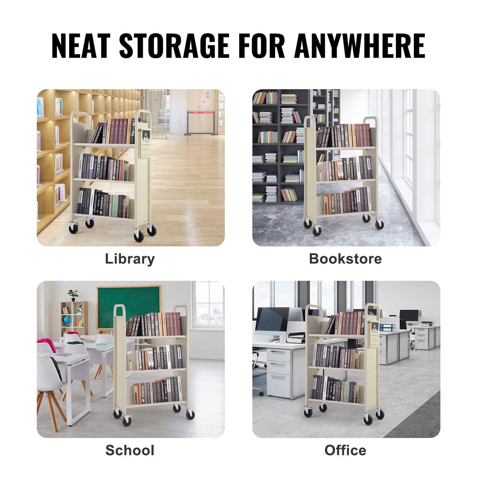 VEVOR Carrello per Libri, Carrello 3 Ripiani da Biblioteca Carico max. 150kg, Carrello da Libreria Biblioteca Ripiani Piatti a Forma di V Ruote Bloccabili 790 x 385 x 1250 mm da Scuole, Beige