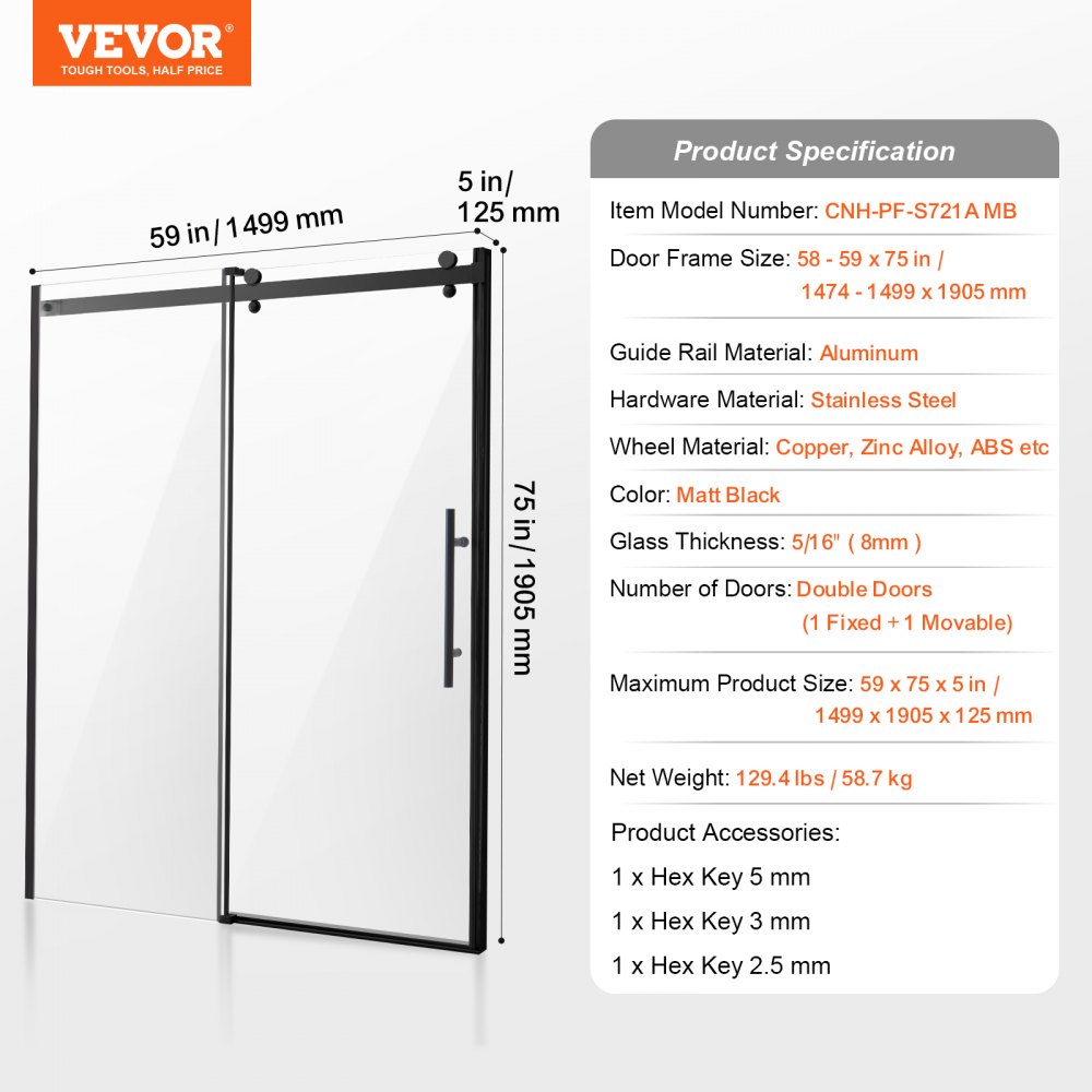 VEVOR Porta Doccia Bagno Scorrevole 1499x1905x125mm Porta Box Doccia Senza Telaio Vetro Temperato Trasparente SGCC 8 mm Impermeabile Infrangibile, Porta Resistente alle Macchie, Colore Nero