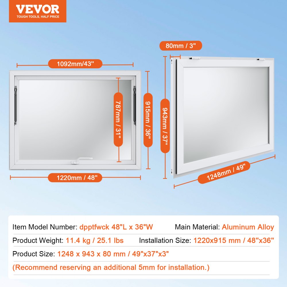 VEVOR Finestra per Camion di Cibo 1220x915 mm, Finestra Servizio in Lega Alluminio, Finestra Girevole Fino a 85° con Porta Tenda e Gancio di Traino per Camion di Cibo e Rimorchi Cibo, Finestra Camion