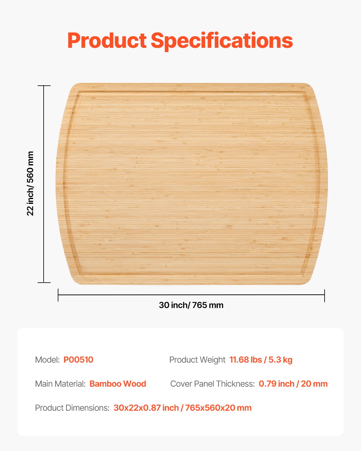 VEVOR Copertura per Fornello a Bordo per Spaghetti 76,2 x 55,88 cm Copertura per Piano Cottura/Lavello della Cucina, Tagliere in Legno di Bambù con Scanalature per Succo, per Camper, Legno Naturale
