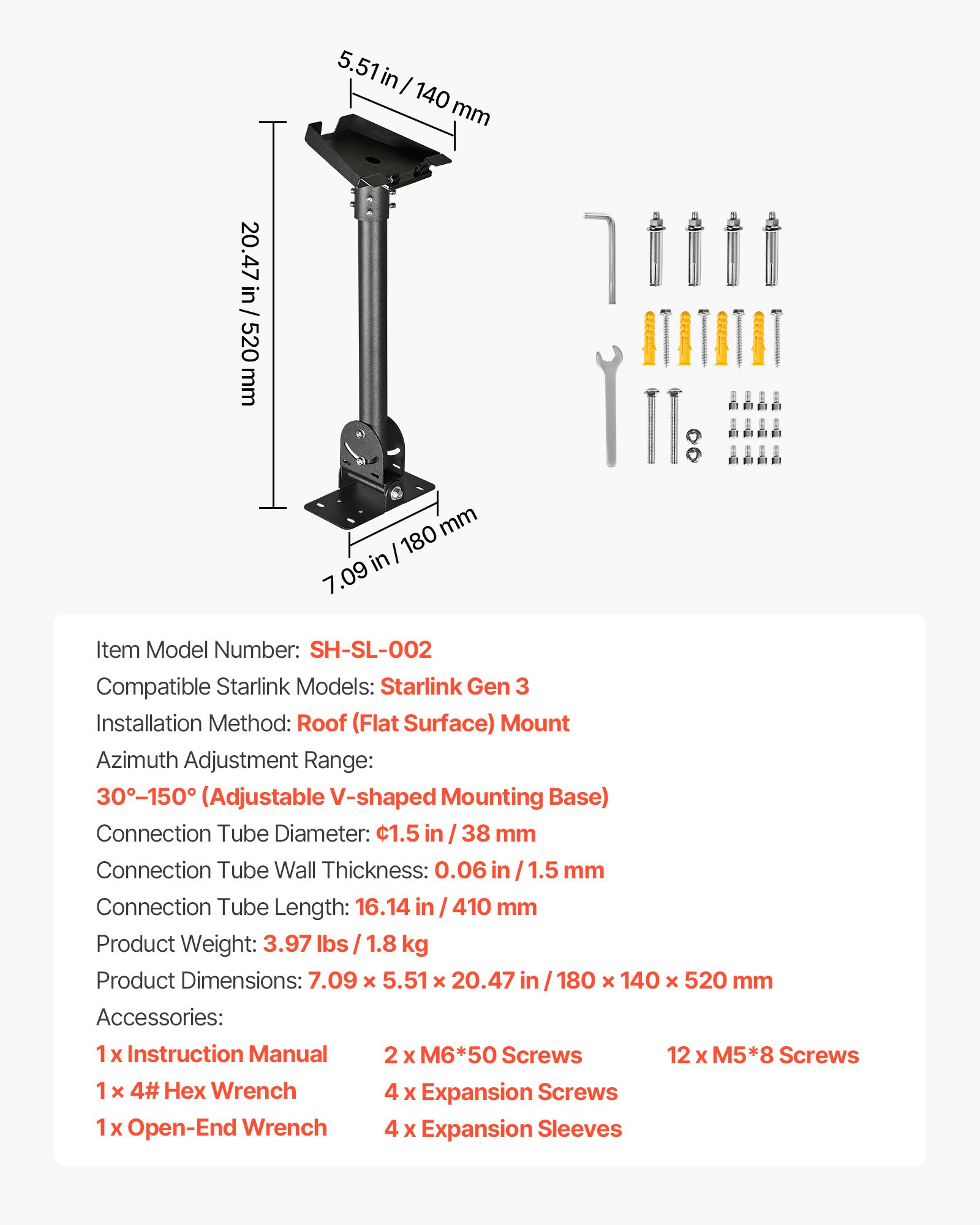 VEVOR Supporto da Tetto per Starlink Gen 3, Adattatore per Palo da Tetto Angolo di Montaggio Regolabile da 30 a 150°, Kit di Tubi Starlink Gen 3 Standard in Acciaio Compatibile con Gen3 e V3