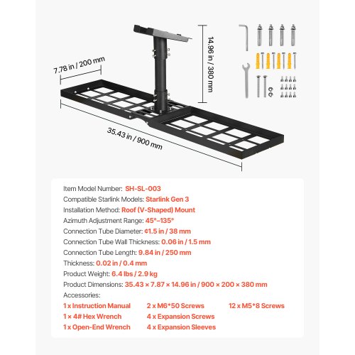 Staffa Starlink gen 3, Supporto Tetto Corto Starlink con Adattatore per Tubo Regolabile a 160°, Kit di Montaggio Robusto Star-Link, Compatibile con Dish Satellite Standard V3 e V2