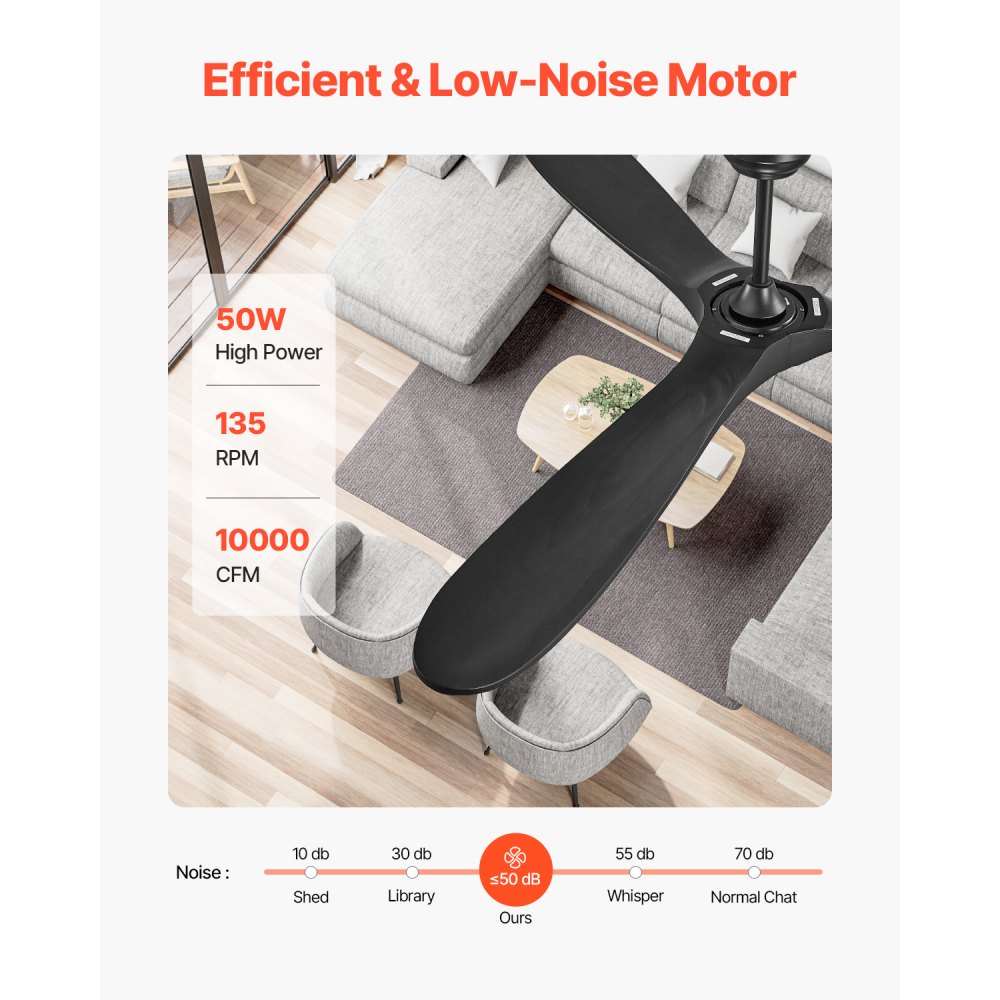 VEVOR Ventilatore da Soffitto Senza Luce da 180 cm Moderno Ventilatore Esterno a Filo a Basso Profilo, Telecomando a 6 Velocità, 3 Pale in Legno, Motore CC Reversibile, per Soggiorno e Patio, Nero