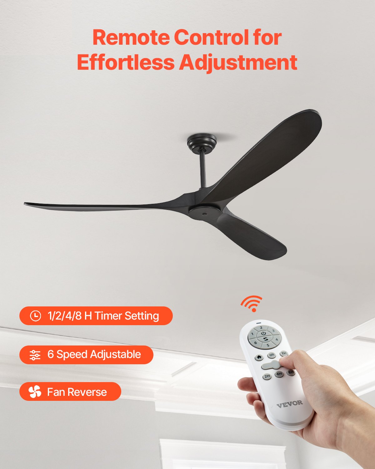 VEVOR Ventilatore da Soffitto Senza Luce da 180 cm Moderno Ventilatore Esterno a Filo a Basso Profilo, Telecomando a 6 Velocità, 3 Pale in Legno, Motore CC Reversibile, per Soggiorno e Patio, Nero