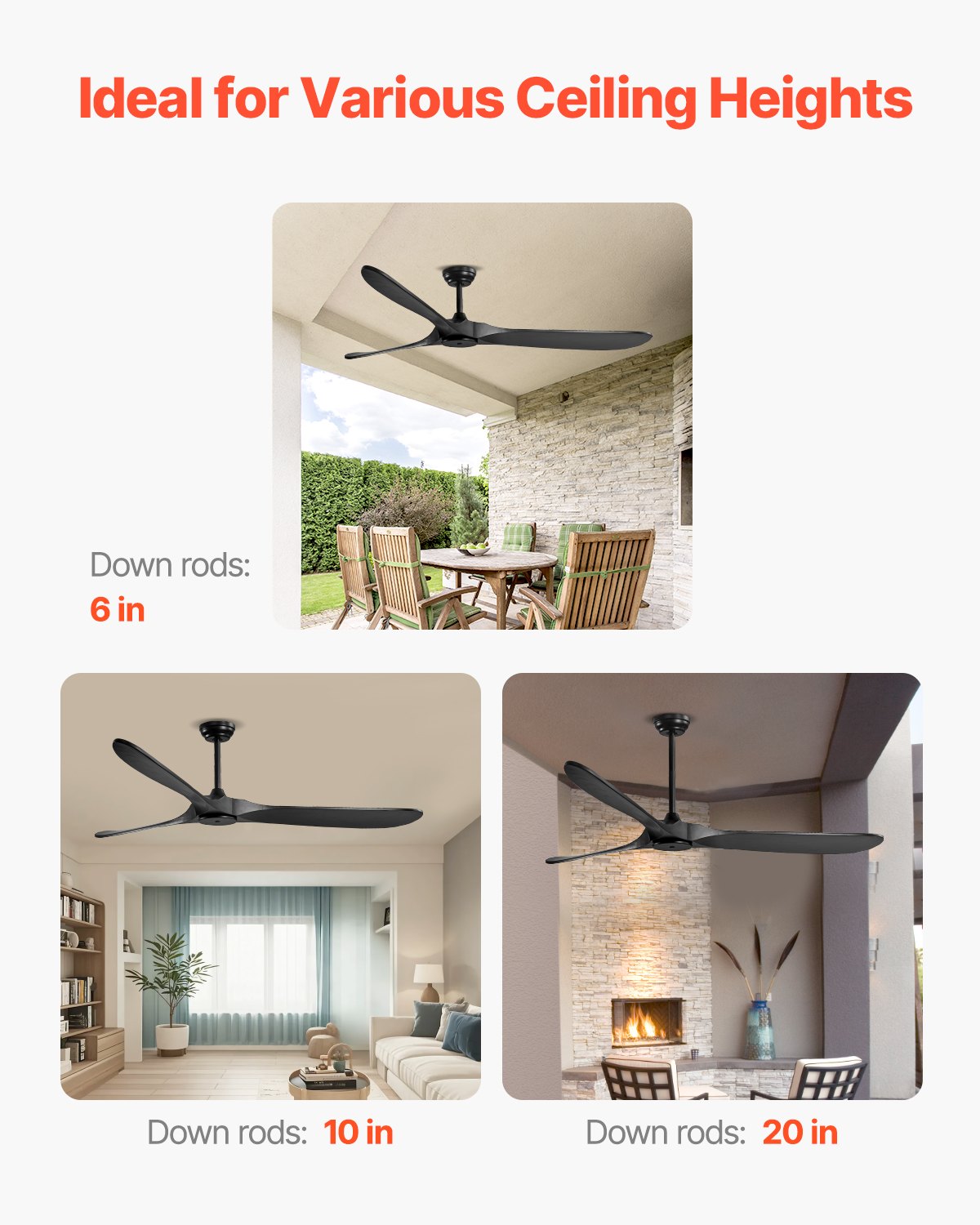 VEVOR Ventilatore da Soffitto Senza Luce da 180 cm Moderno Ventilatore Esterno a Filo a Basso Profilo, Telecomando a 6 Velocità, 3 Pale in Legno, Motore CC Reversibile, per Soggiorno e Patio, Nero