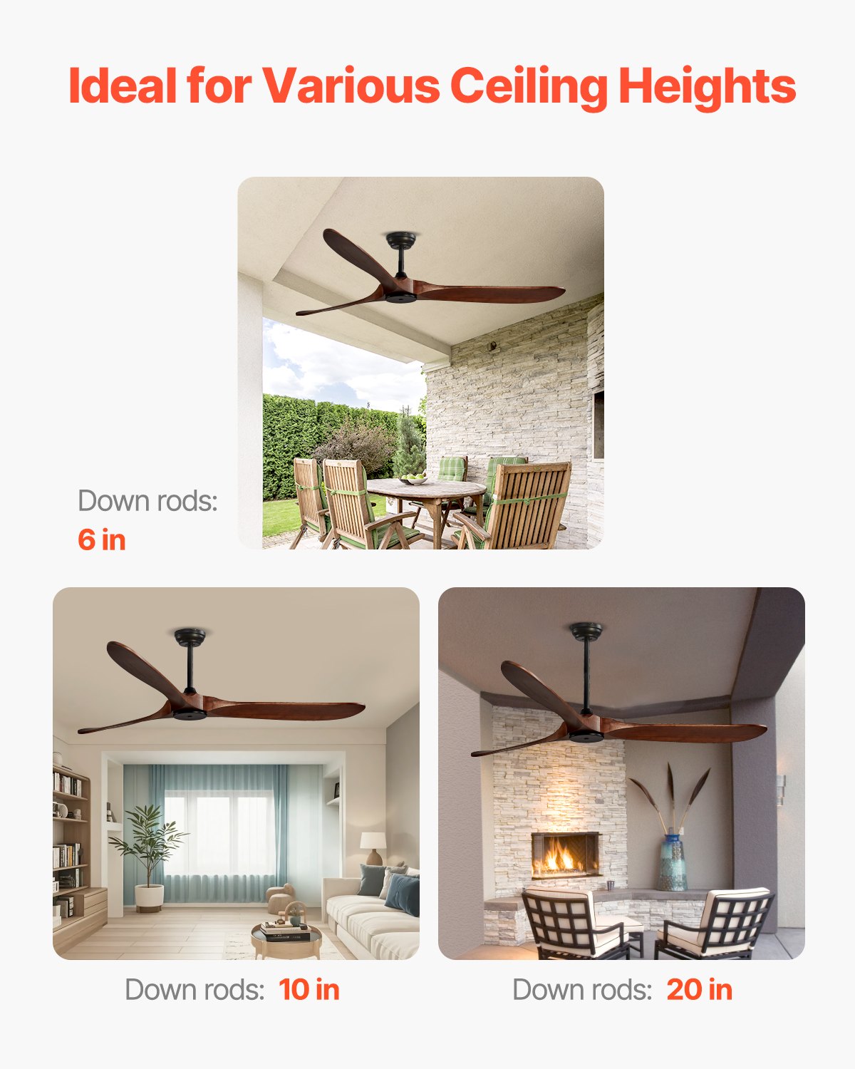 VEVOR Ventilatore da Soffitto Senza Luce da 180 cm Moderno Ventilatore Esterno a Filo a Basso Profilo, Telecomando a 6 Velocità, 3 Pale in Legno, Motore CC Reversibile, per Soggiorno e Patio, Noce