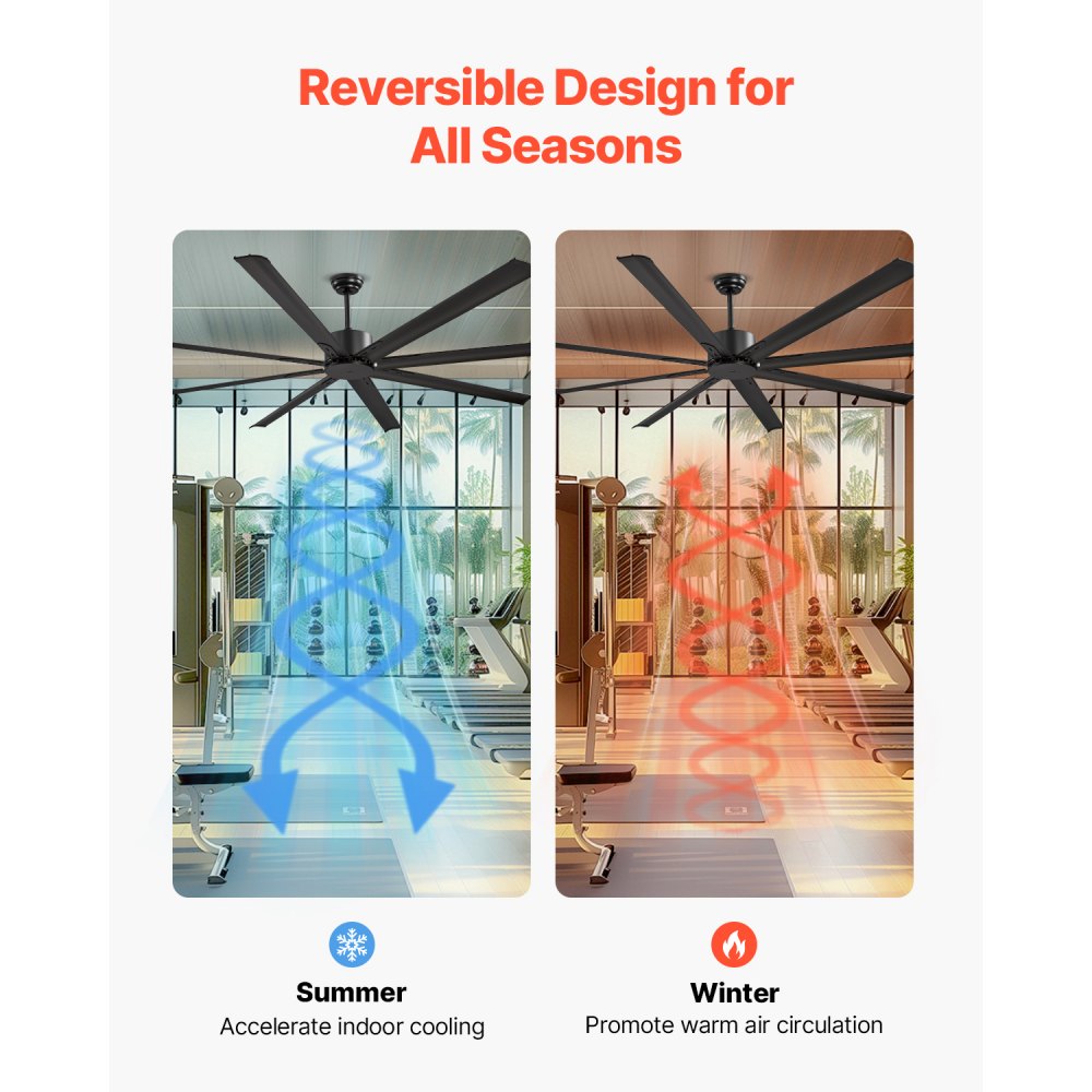 VEVOR Ventilatore da Soffitto da 213 cm Senza Luce, Telecomando a 6 Velocità, 8 Pale in Alluminio, Motore DC Reversibile, Moderno Ventilatore a Filo Basso per Soggiorno, Patio Nero