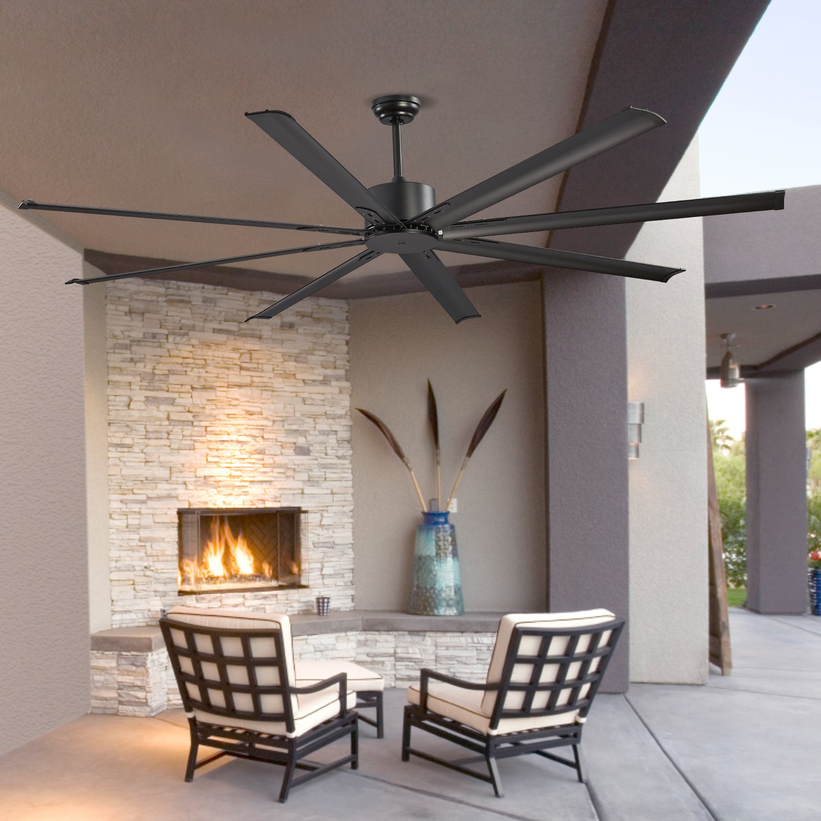 VEVOR Ventilatore da Soffitto da 213 cm Senza Luce, Telecomando a 6 Velocità, 8 Pale in Alluminio, Motore DC Reversibile, Moderno Ventilatore a Filo Basso per Soggiorno, Patio Nero